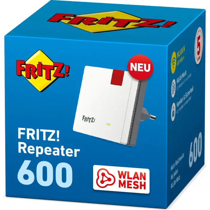 AVM Fritz! Repeater 600 (WLAN N up to 600 Mbps (2.4 GHz), WLAN mesh, WPS, compact design, German-language version)