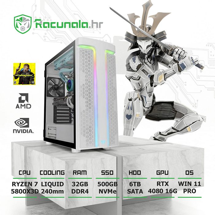 BaB računalo PPC Samurai R74080 SnowEd. (Ryzen 7 5800X3D, 32GB DDR4, 500GB SSD, 6TB HDD, RTX4080 16GB, 850W Gold, WiFi) Win11P + Igra Cyberpunk