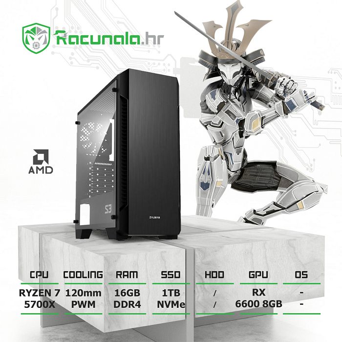 BaB računalo Samurai R76600 (Ryzen 7 5700X, 16GB DDR4 3600, 1TB NVMe SSD, RX 6600 8GB, 600W, WiFi) noRGB