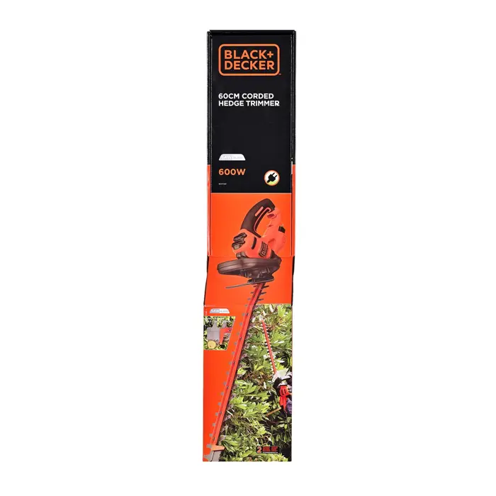 Black & Decker Black+Decker Elektro-Heckenschere (600W, 60 cm Schwertlänge, 25 mm Schnittstärke, Bügel-Zweithandgriff und transparentem Handschutz, für große Hecken) BEHTS501