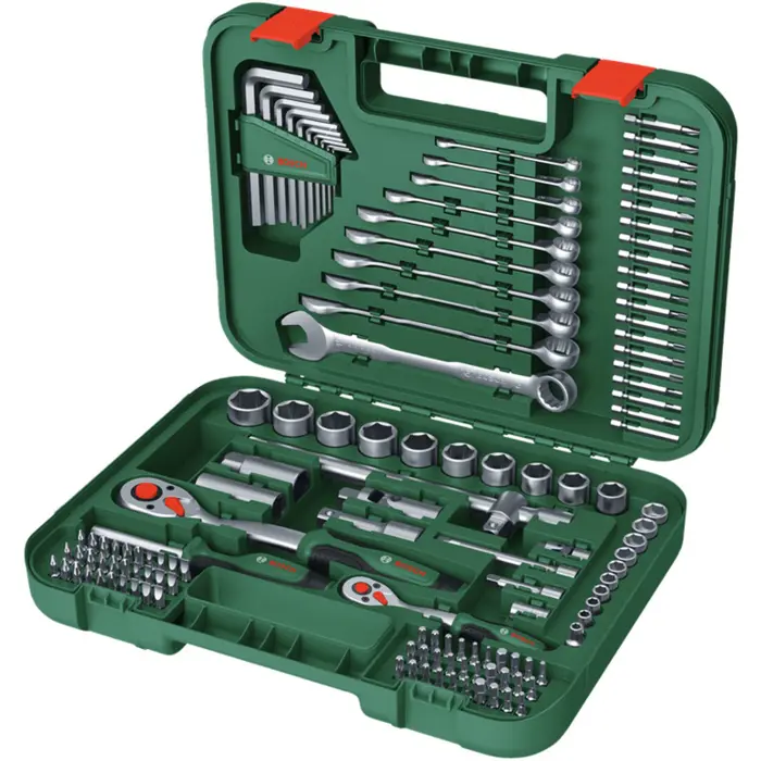Bosch Powertools Advanced tool case, 132 pieces (green, with 2 reversible ratchets 1/4" and 1/2")