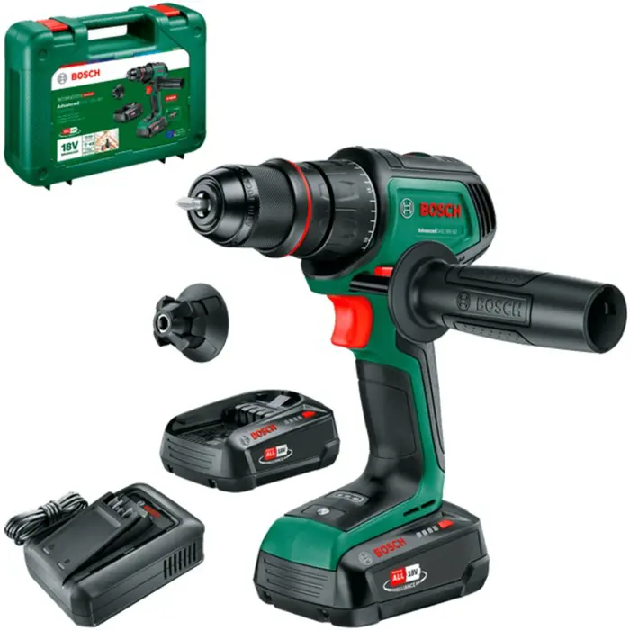 Bosch Powertools cordless drill driver AdvancedDrill 18V-80 QuickSnap + accessories (green/black, 2x Li-ion battery 2.5Ah, case, POWER FOR ALL ALLIANCE)