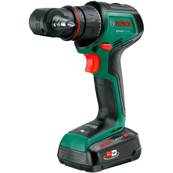 Bosch Powertools cordless drill driver AdvancedDrill 18V-80 QuickSnap + accessories (green/black, 2x Li-ion battery 2.5Ah, case, POWER FOR ALL ALLIANCE)