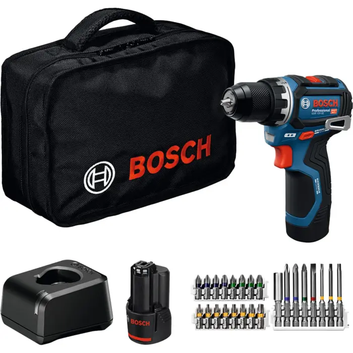 Bosch Powertools cordless drill/driver GSR 12V-32 Professional, 12Volt (blue/black, 2x Li-ion battery 2.0Ah, 24-piece accessory set, tool bag)
