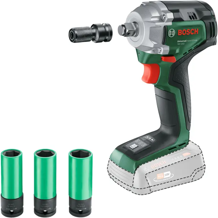 Bosch Powertools cordless impact wrench UniversalImpactDrive 18V-350 solo (green, without battery and charger, incl. 3 socket wrench inserts, POWER FOR ALL ALLIANCE)