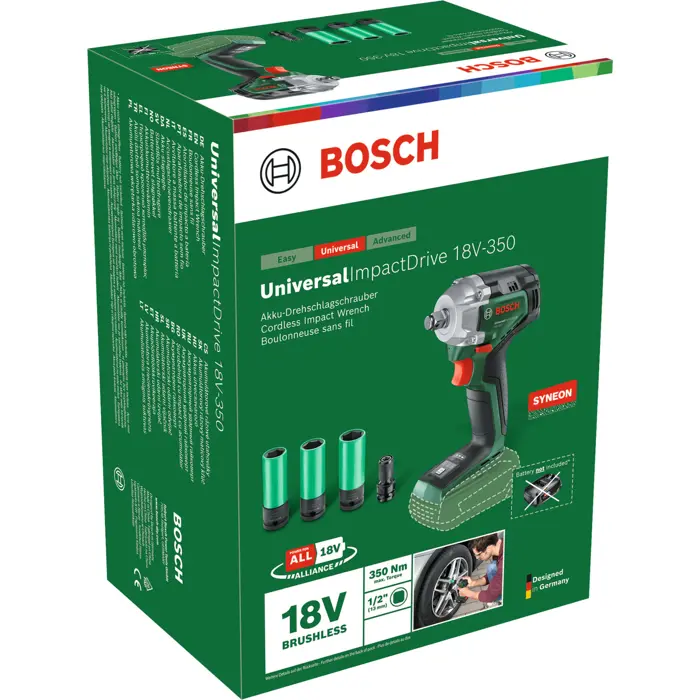 Bosch Powertools cordless impact wrench UniversalImpactDrive 18V-350 solo (green, without battery and charger, incl. 3 socket wrench inserts, POWER FOR ALL ALLIANCE)
