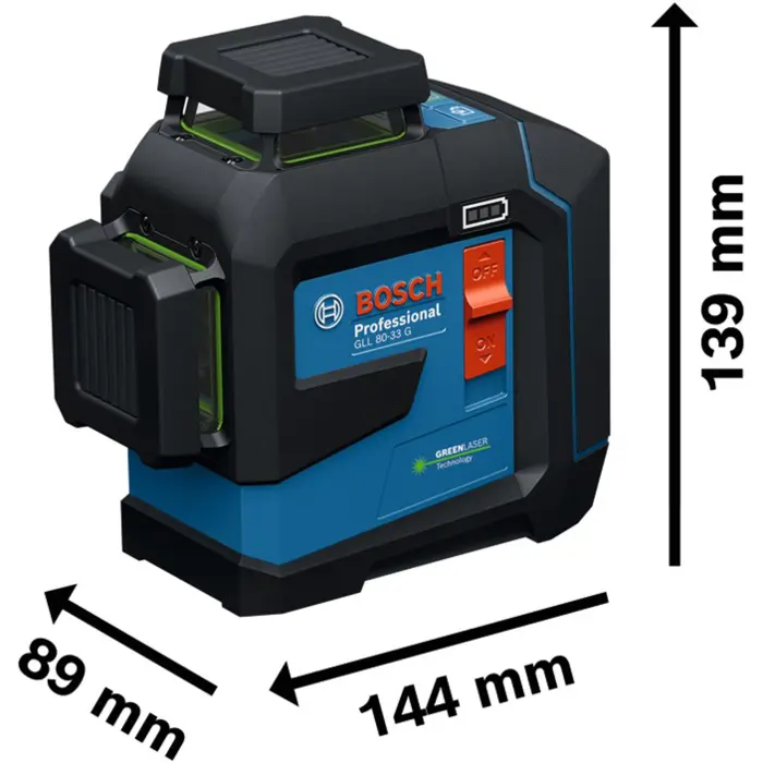 Bosch Powertools line laser GLL 80-33 G Professional (blue/black, Li-ion battery 3.0Ah, green laser lines, incl. universal holder LB 10, ceiling clamp DK 20)