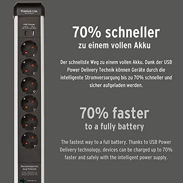Brennenstuhl Premium-Protect-Line power strip 6-way (black/silver, 60,000 A surge protection, 3 meters, with USB Power Delivery)