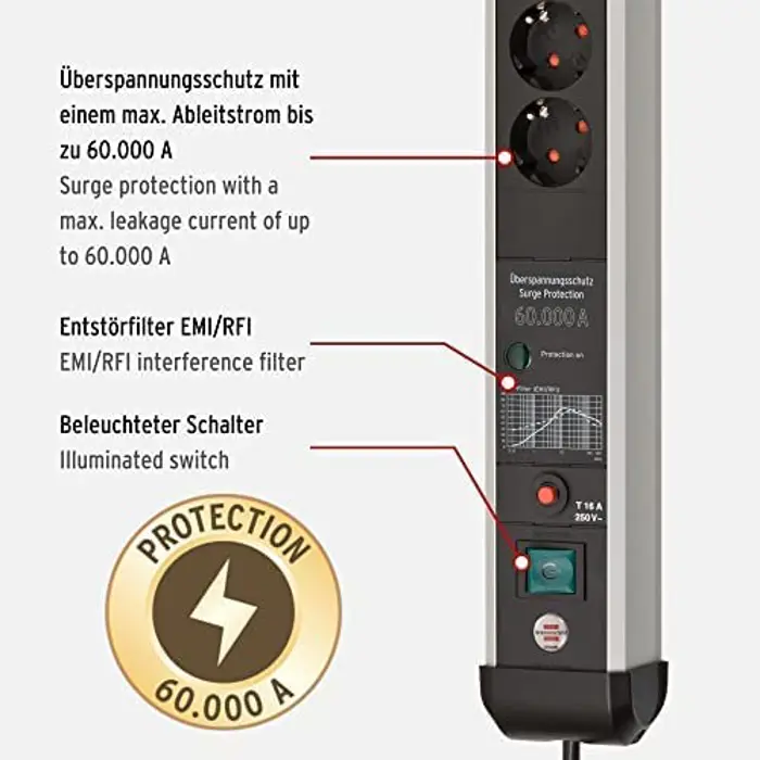 Brennenstuhl Premium-Protect-Line power strip 6-way (black/silver, 60,000 A surge protection, 3 meters, with USB Power Delivery)