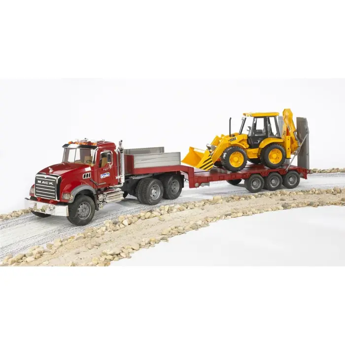 bruder MACK Granite low loader and JCB 4CX backhoe loader
