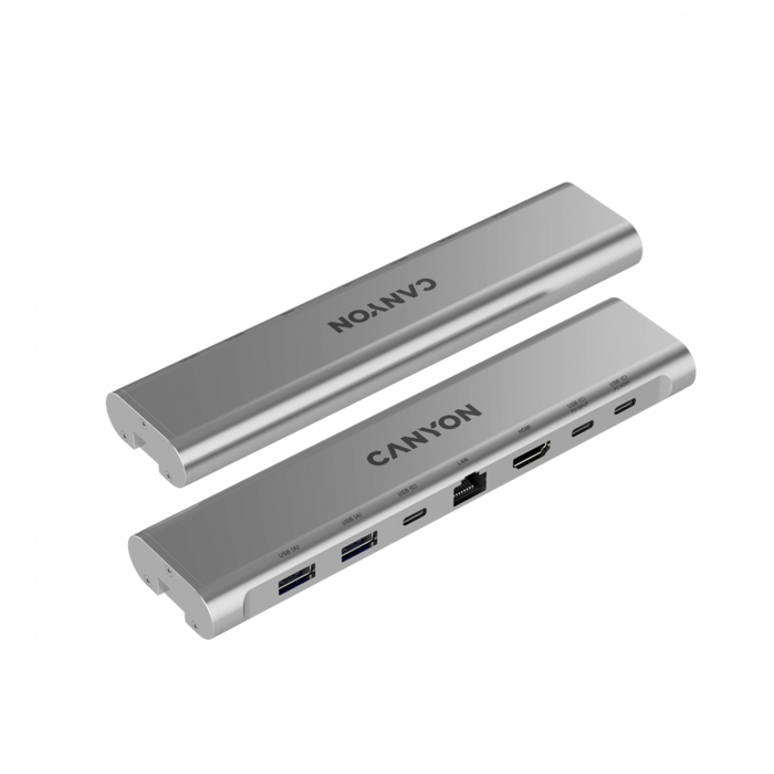 Canyon Laptop stands with hub, TYPE C F to HDMI2.0+2USB3.0+USBC3.0+RJ45+PD, TYEP C TO C cable 1m white with Emarker: HUSB332A, Material: Aluminum case+ABS+PS, Size: 245x240x27.2+/-0.3mm, Weight:1304g
