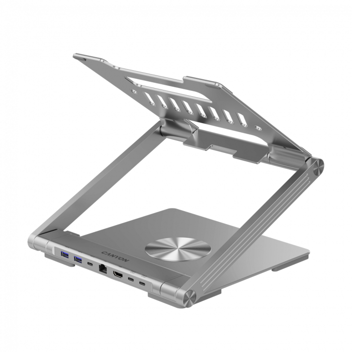 Canyon Laptop stands with hub, TYPE C F to HDMI2.0+2USB3.0+USBC3.0+RJ45+PD, TYEP C TO C cable 1m white with Emarker: HUSB332A, Material: Aluminum case+ABS+PS, Size: 245x240x27.2+/-0.3mm, Weight:1304g