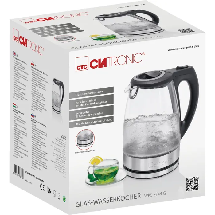 Clatronic glass kettle WKS 3744 G (black/silver, 2,200 watts, 1.7 liters)