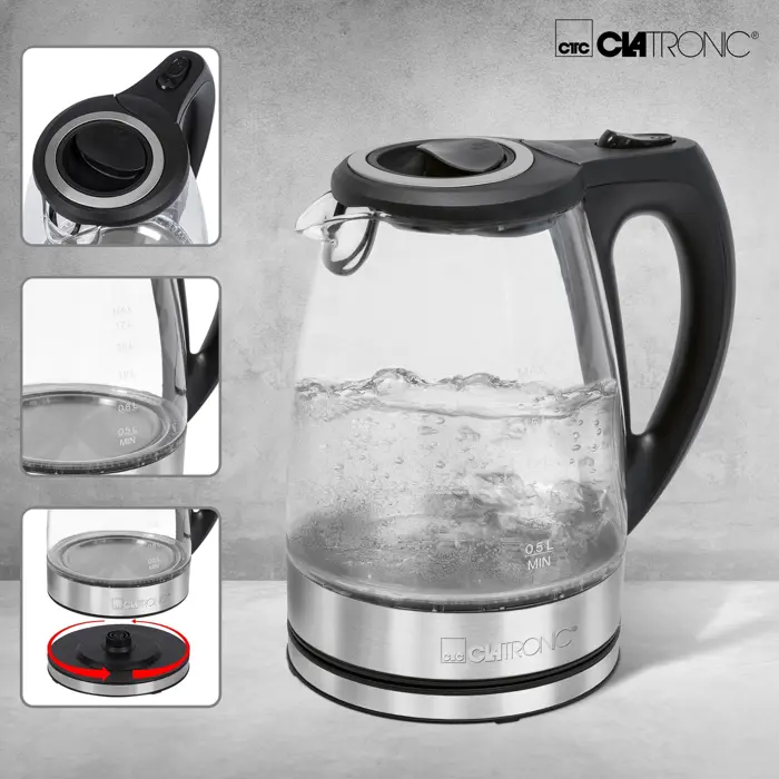 Clatronic glass kettle WKS 3744 G (black/silver, 2,200 watts, 1.7 liters)