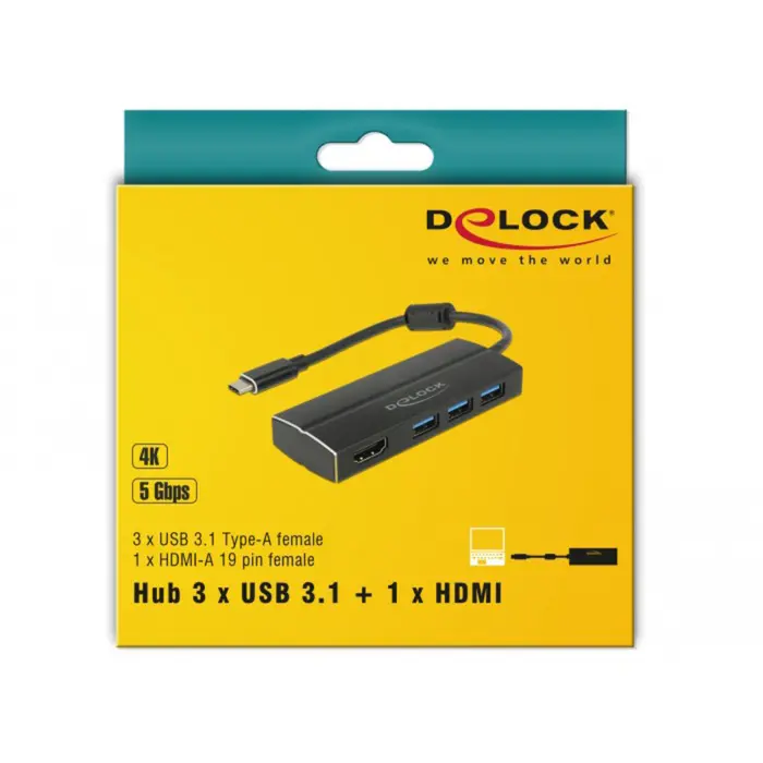 DeLOCK Adapter USB C 3.1 > 3x USB 3.0 A Hub + HDMI 4K