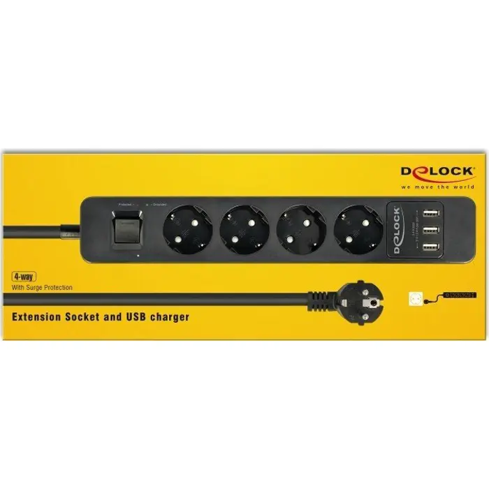 DeLOCK socket strip 4-way with surge protection and USB charger