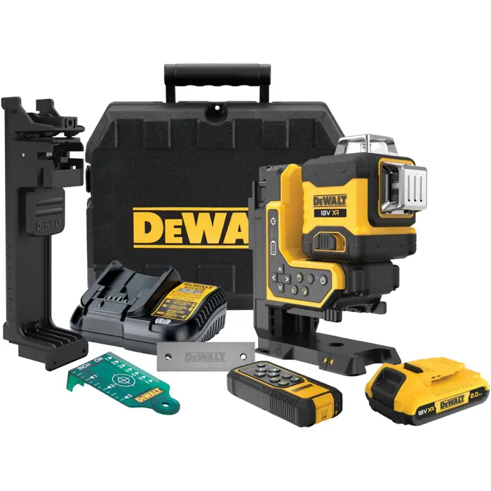 Dewalt battery-operated multi-line laser 3x360° DCLE34035D1, 18 volts, with remote control (black/yellow, with green laser lines, XR Li-ion battery 2.0 Ah, T-STAK box)