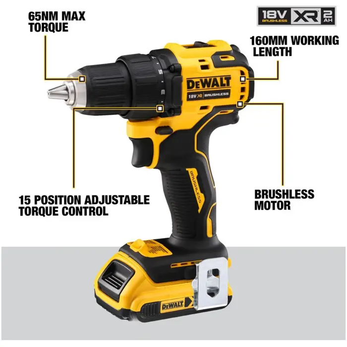 DeWalt cordless drill DCD708D2T, 18 Volt (yellow / black, T-STAK box, 2x Li-ion battery 2.0 Ah)