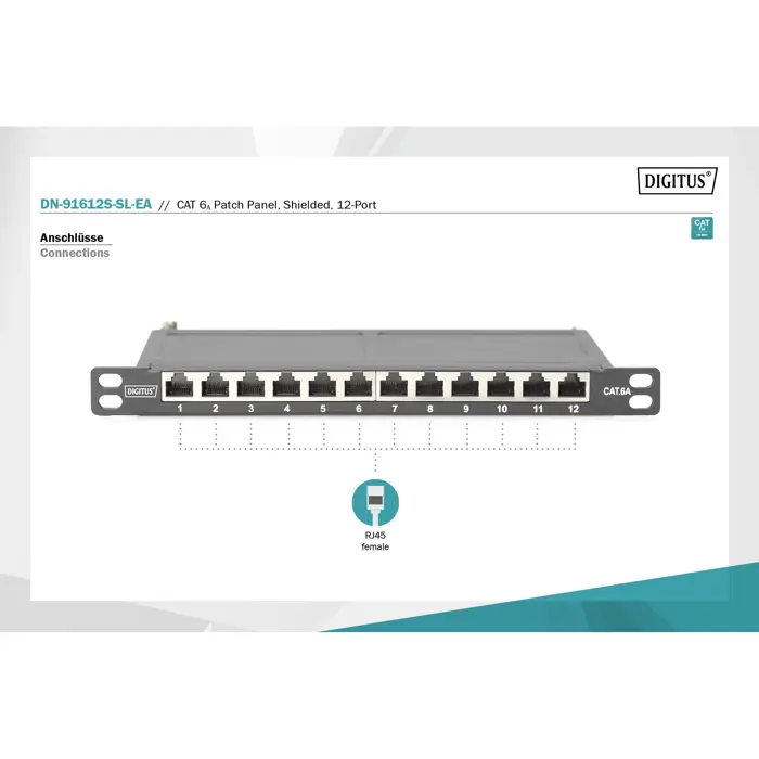 Digitus 10" slim patch panel DN-91612S-SL-EA, 12-port, Cat.6a (black, 0.5U, rack mount, shielded)