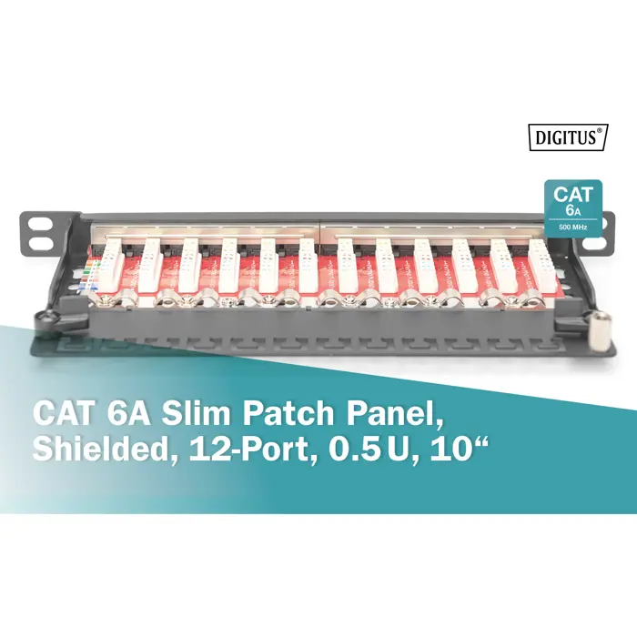 Digitus 10" slim patch panel DN-91612S-SL-EA, 12-port, Cat.6a (black, 0.5U, rack mount, shielded)