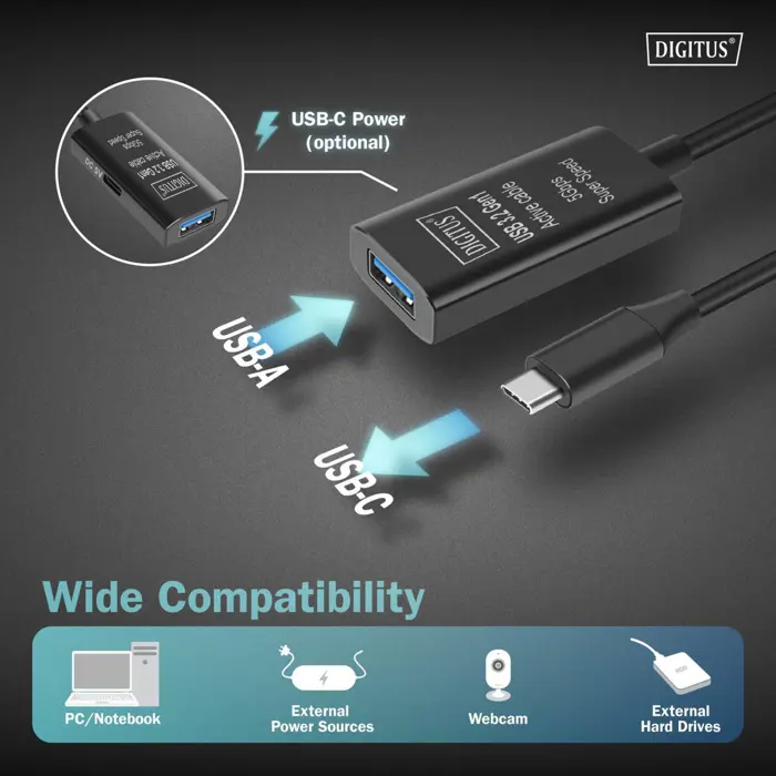 Digitus Active USB 3.2 Gen 1 extension cable, USB-C male > USB-A female (black, 5 meters, repeater cable)