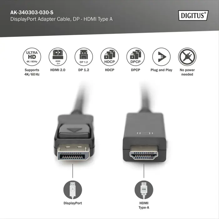 Digitus adapter cable DisplayPort > HDMI 4K (black, 3 meters)