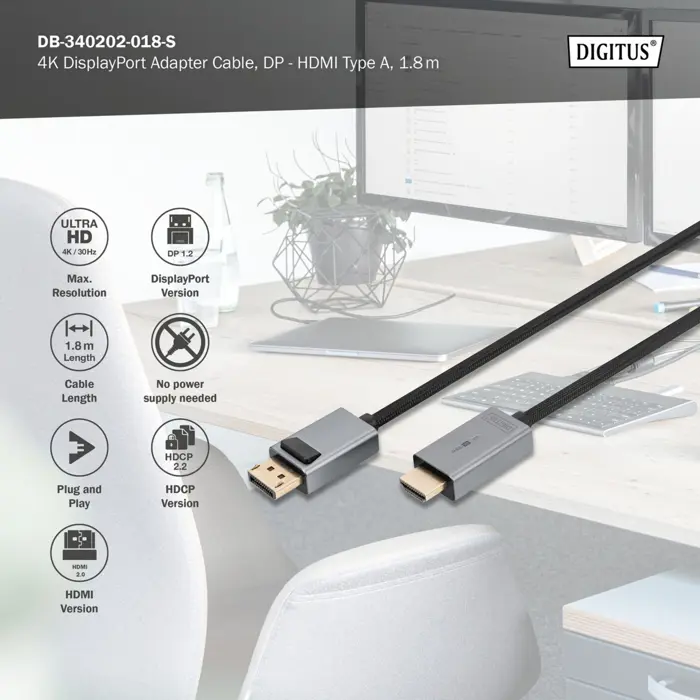 Digitus adapter cable DisplayPort > HDMI, UHD 4K (black, 1.80 meters)