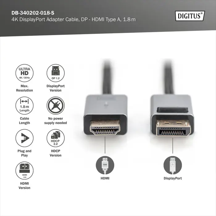 Digitus adapter cable DisplayPort > HDMI, UHD 4K (black, 1.80 meters)