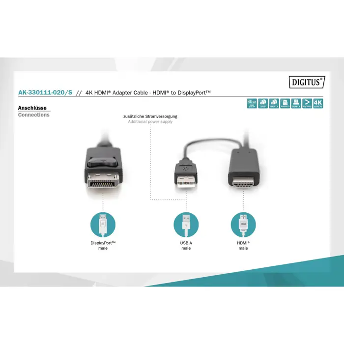 Digitus adapter cable HDMI > Displayport, UHD 4K (black, 2 meters)