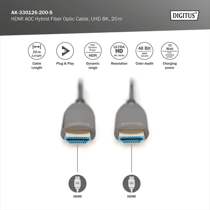 Digitus HDMI AOC Hybrid Fiber Optic Cable, UHD 8K (black, 20 meters)