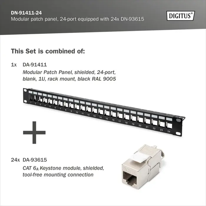 Digitus modular patch panel, 24-port, equipped with 24x DN-93615 (black, 1 U, rack mount, shielded)