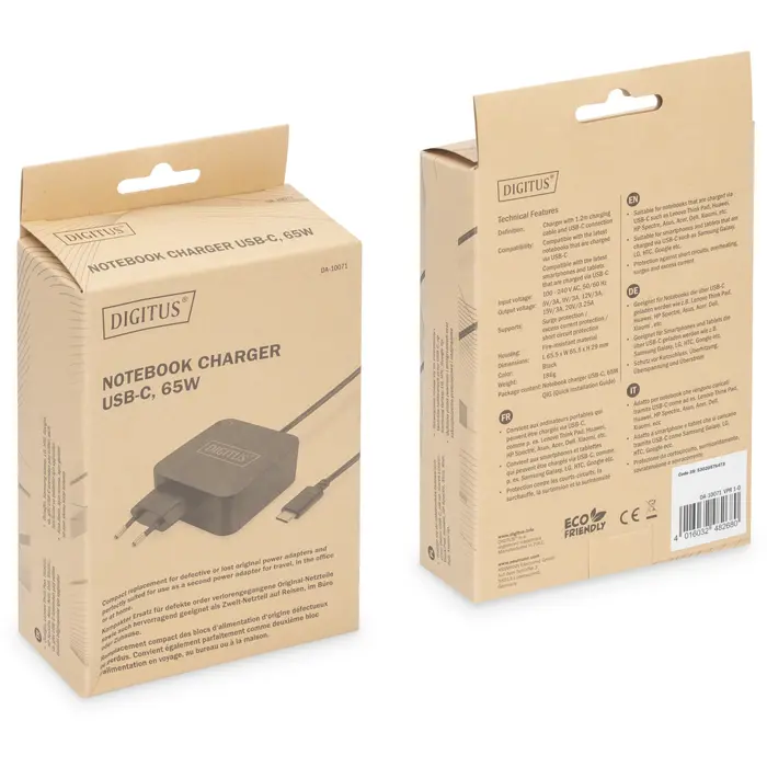 Digitus Notebook Charger DA-10071, USB-C, 65 Watt black, PD 3.0, cable length 1.20 meters