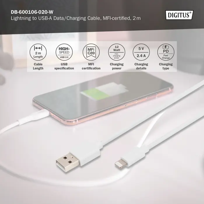 Digitus USB 2.0 data/charging cable USB-A > Lightning, MFI certified (white, 2 meters, PD, charging with up to 12 watts)