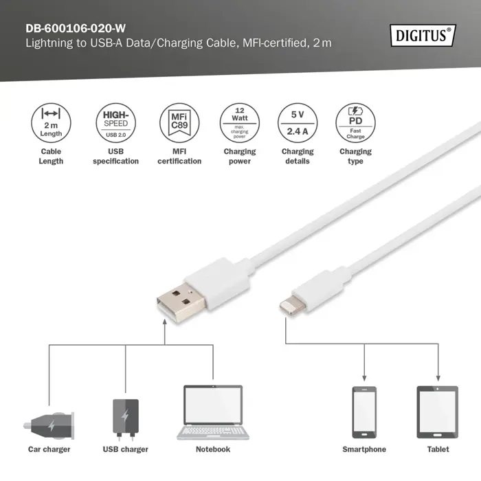 Digitus USB 2.0 data/charging cable USB-A > Lightning, MFI certified (white, 2 meters, PD, charging with up to 12 watts)