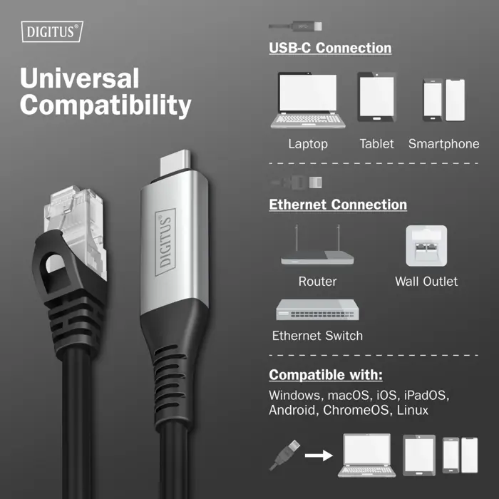 Digitus USB-C 3.2 Gen1 > RJ-45 Ethernet cable, 1Gbit/s (black, 3 meters, 10/100/1,000Mbit/s)