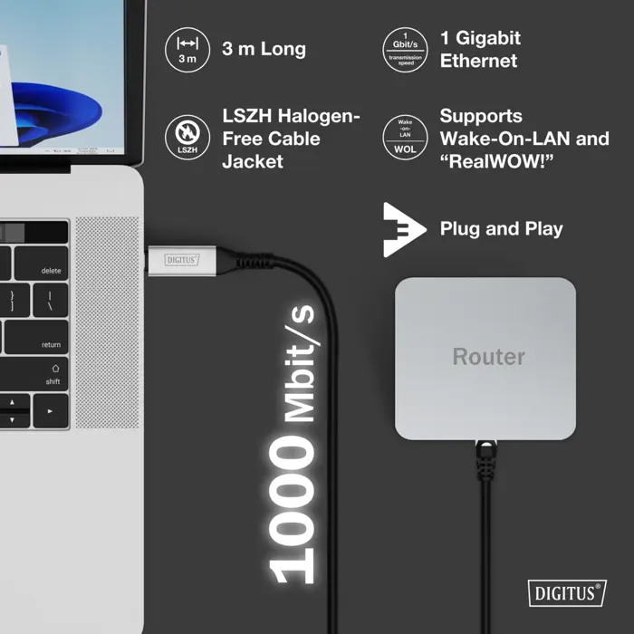Digitus USB-C 3.2 Gen1 > RJ-45 Ethernet cable, 1Gbit/s (black, 3 meters, 10/100/1,000Mbit/s)