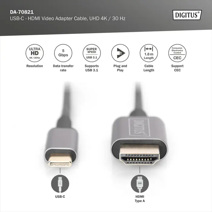 Digitus USB-C adapter cable USB-C > HDMI A, 4K @ 30HZ (black, 1.8 meters)