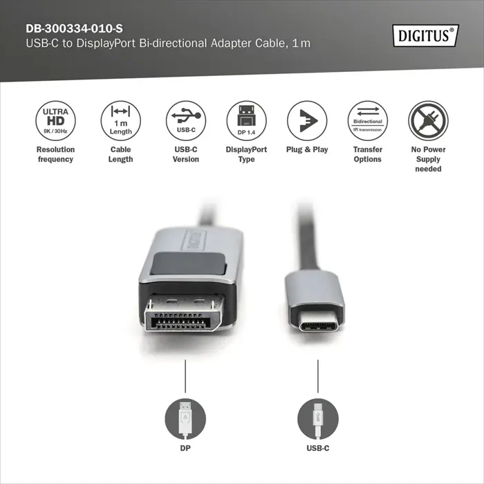 Digitus USB4 Gen 2x2 adapter cable USB-C > DisplayPort (black/gray, 1 meter)
