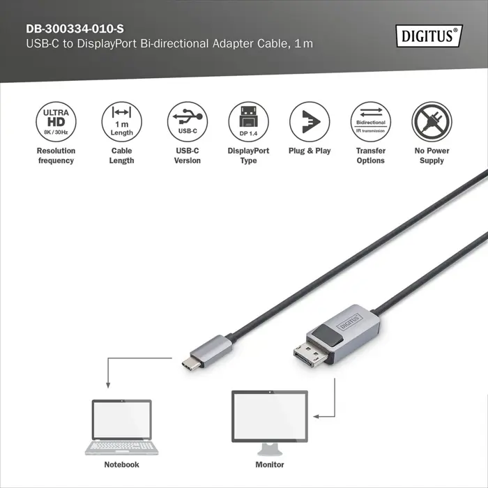 Digitus USB4 Gen 2x2 adapter cable USB-C > DisplayPort (black/gray, 1 meter)