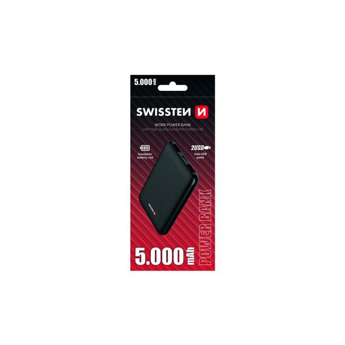 Dodatna baterija - Power Bank SWISSTEN WORKS 5000mAh, 2*USB, crni EOL