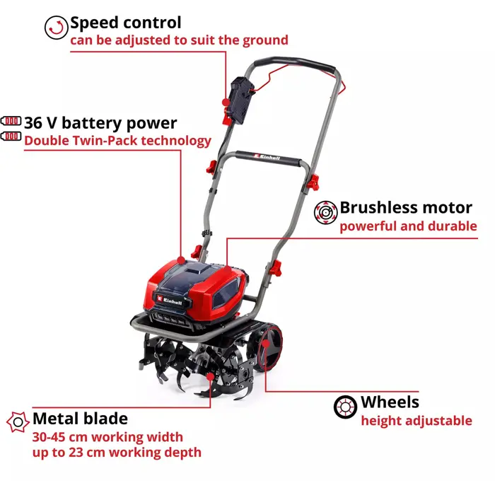 Einhell Professional cordless tiller GP-CR 36/45 Li E BL- Solo, 36Volt (2x18V) (red/black, without battery and charger)