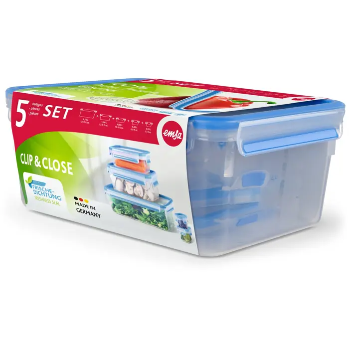 Emsa CLIP & CLOSE food storage container set, 5 pieces (transparent/blue, 4 rectangular, 1 round container + 5 lids)
