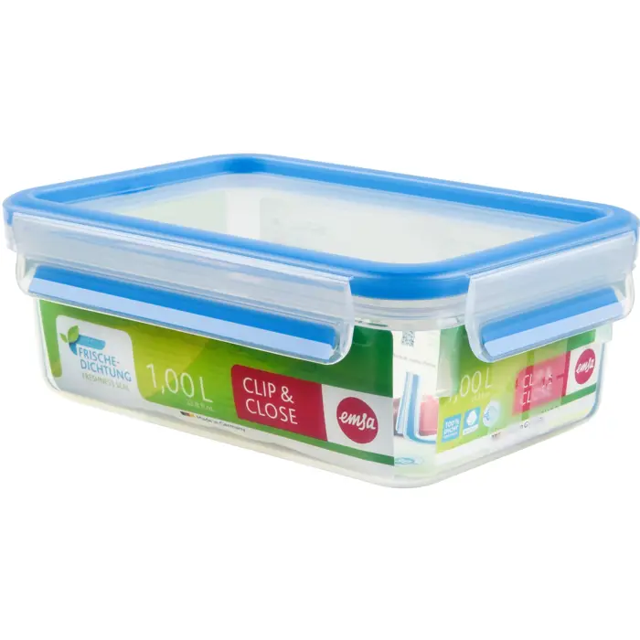 EMSA Clip & Close Frischhaltedose (transparent / blue, 1.0 liter, classical format)