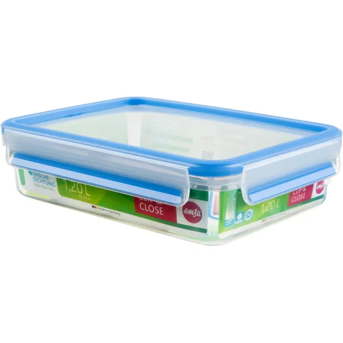 EMSA Clip & Close Frischhaltedosen (transparent / blue, 1.2 liters, classical format)