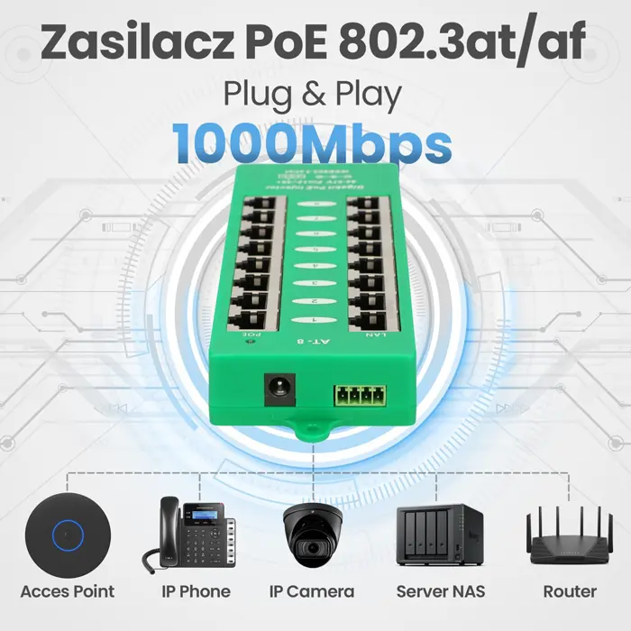 Extralink Gigabit PoE Injector 8 Port Active, 8 ports Gigabit 802.3at/af, Mode A