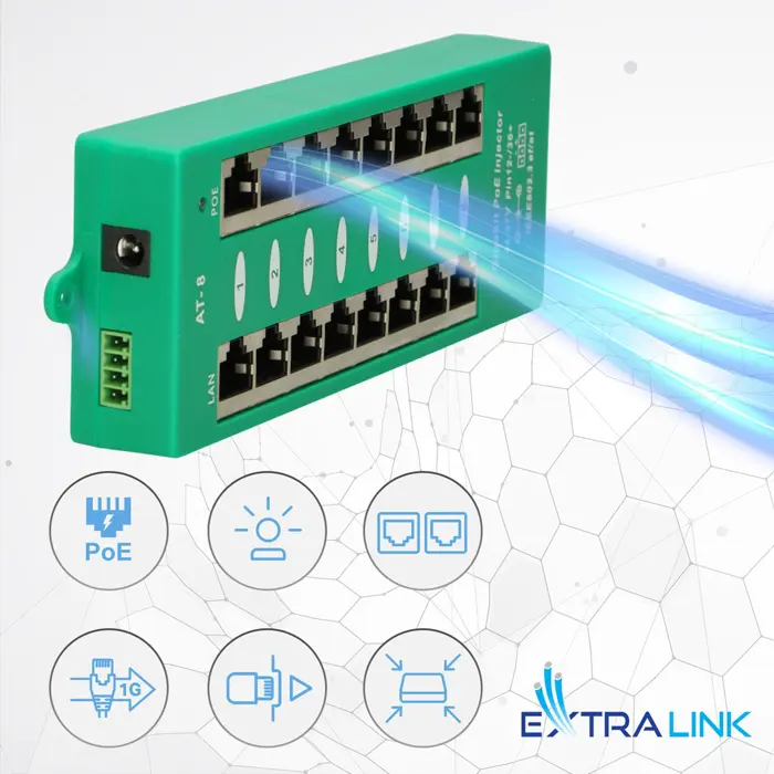 Extralink Gigabit PoE Injector 8 Port Active, 8 ports Gigabit 802.3at/af, Mode A