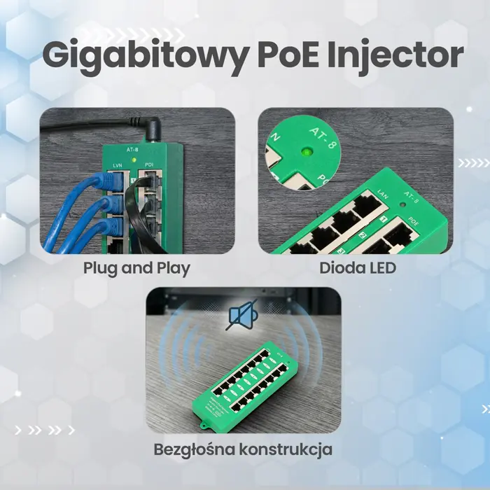 Extralink Gigabit PoE Injector 8 Port Active, 8 ports Gigabit 802.3at/af, Mode A