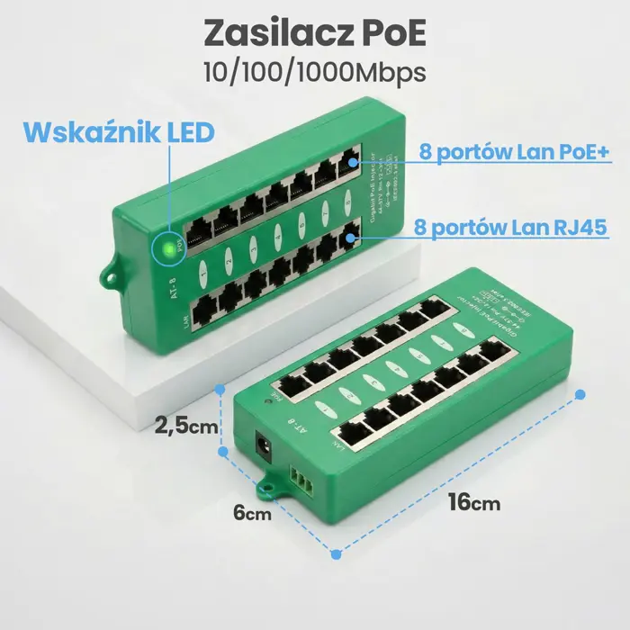 Extralink Gigabit PoE Injector 8 Port Active, 8 ports Gigabit 802.3at/af, Mode A