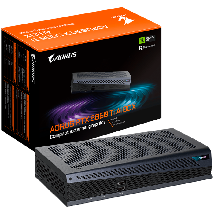 GIGABYTE AORUS RTX 5060 Ti AI BOX, GeForce RTX 5060 Ti 16GB, Thunderbolt 5 plug and play, 1x Thunderbolt 5, 3x USB 3.2 Gen 2, 3x DP 2.1b, 1x HDMI 2.1b