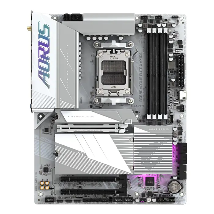 GIGABYTE B650E AORUS ELITE X AX ICE Motherboard - AMD Ryzen 9000 Series CPUs, 12+2+2 Phases VRM, up to 8000MHz DDR5 (OC), 1xPCIe 5.0 + 2xPCIe 4.0 M.2, 2.5GbE LAN, WIFI 6E, USB 3.2 Gen 2